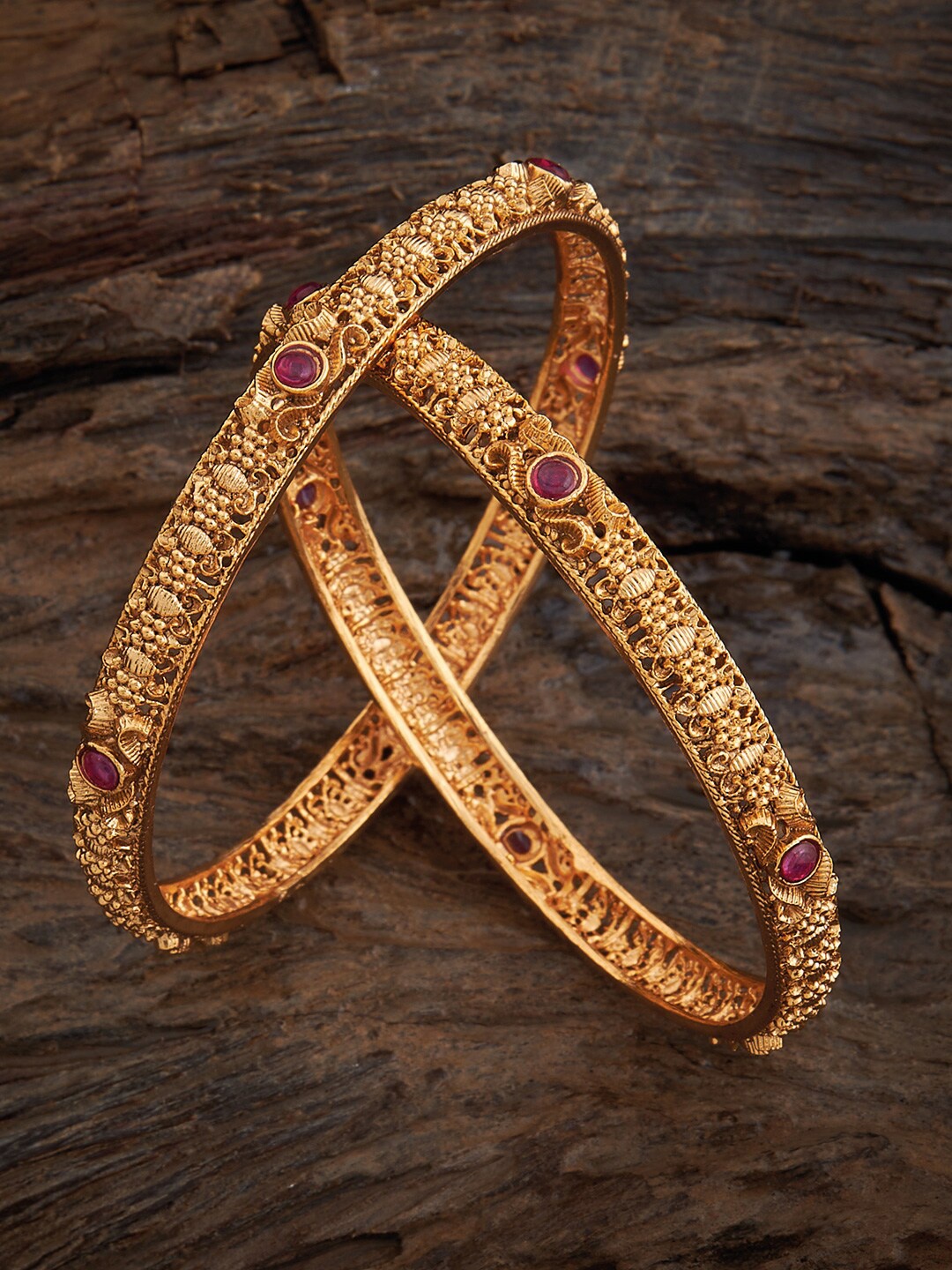 

Kushal's Fashion Jewellery Set Of 2 Stone-Studded Bangles, Gold