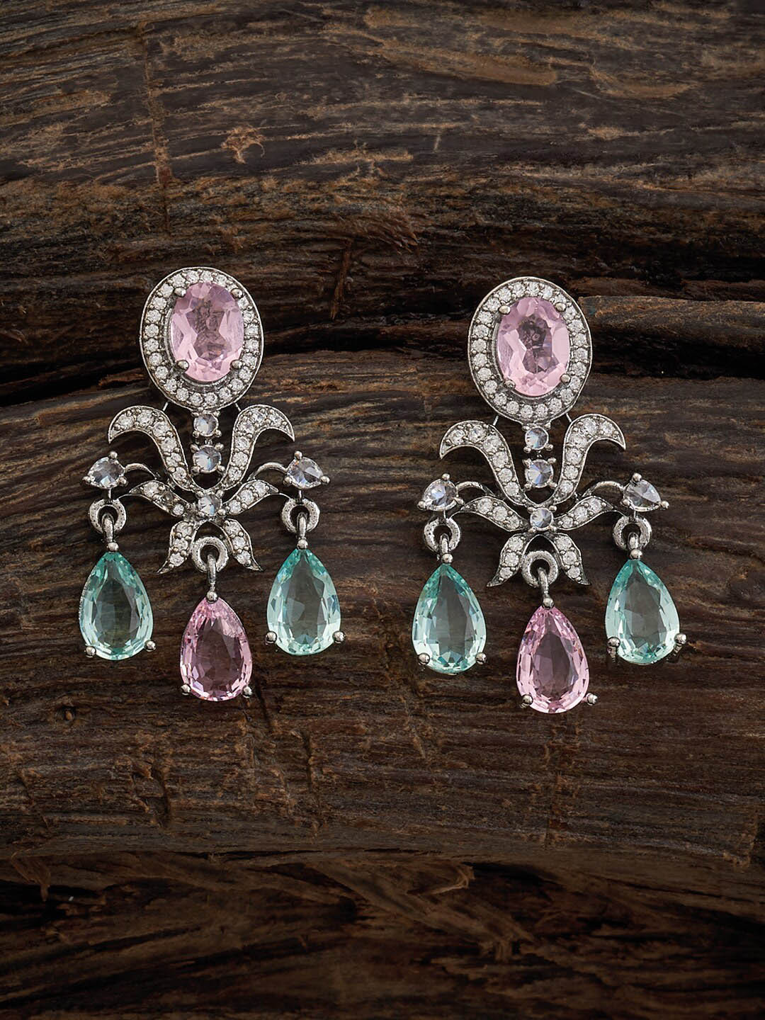 

Kushal's Fashion Jewellery Rhodium Plated CZ Studded Teardrop Shaped Drop Earrings, Silver