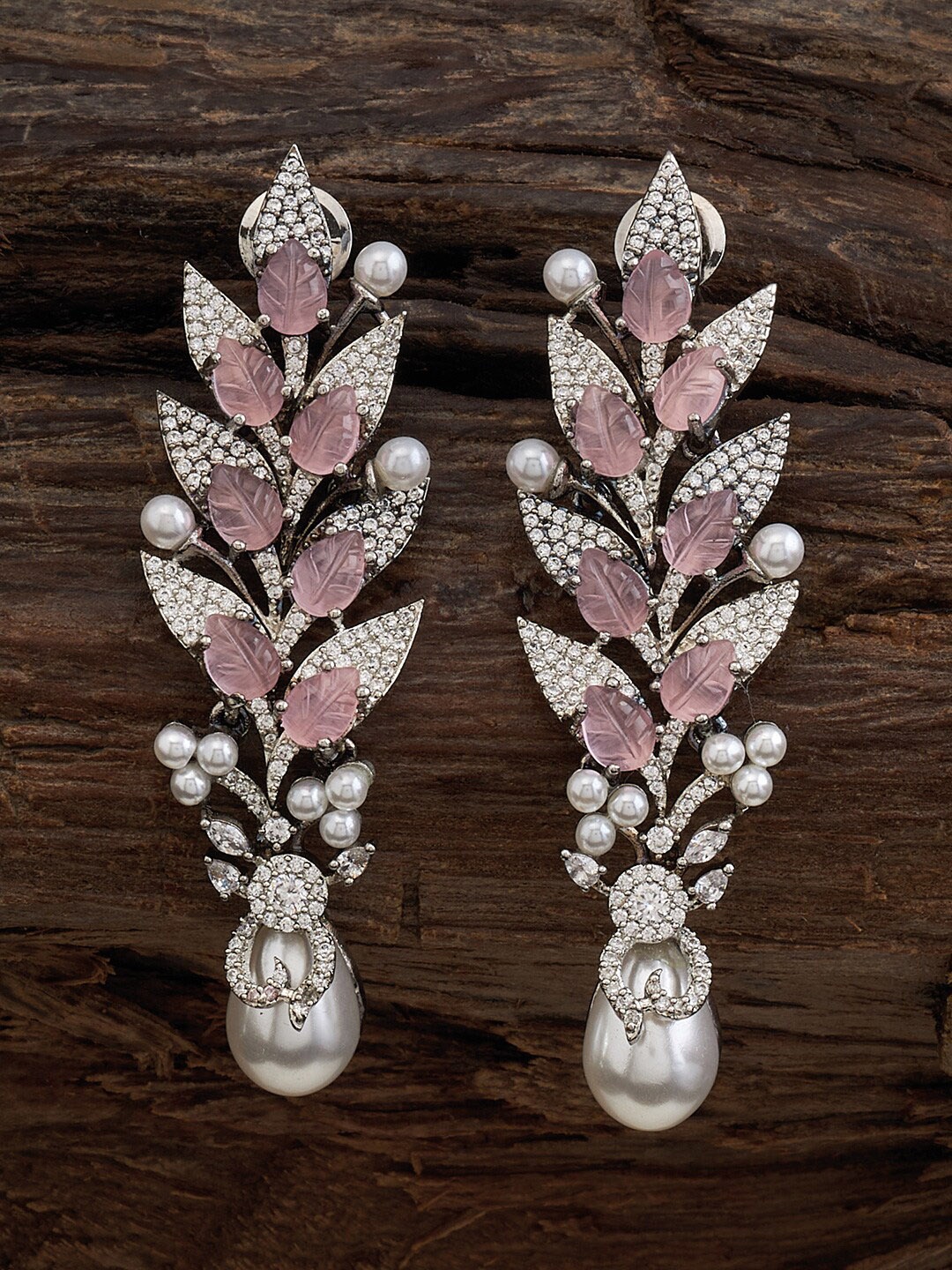 

Kushal's Fashion Jewellery Rhodium-Plated Zircon-Studded Leaf Shaped Drop Earrings, Silver