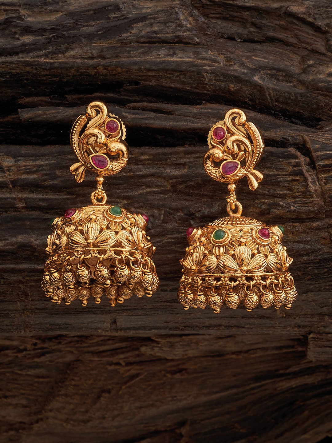 

Kushal's Fashion Jewellery Gold-Plated Stone-Studded Dome Shaped Jhumkas