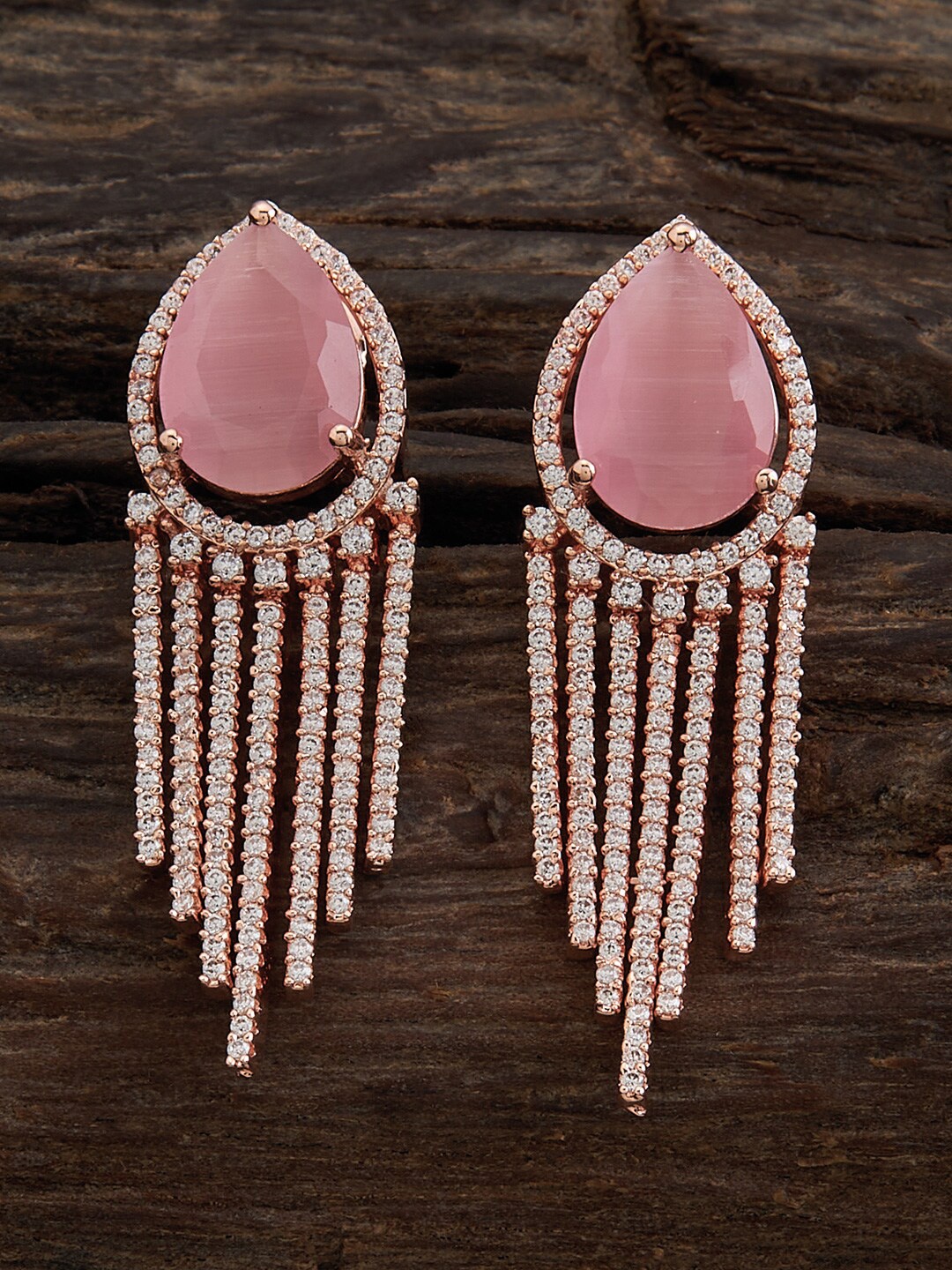 

Kushal's Fashion Jewellery Rose Gold-Plated Zircon-Studded Teardrop Shaped Drop Earrings