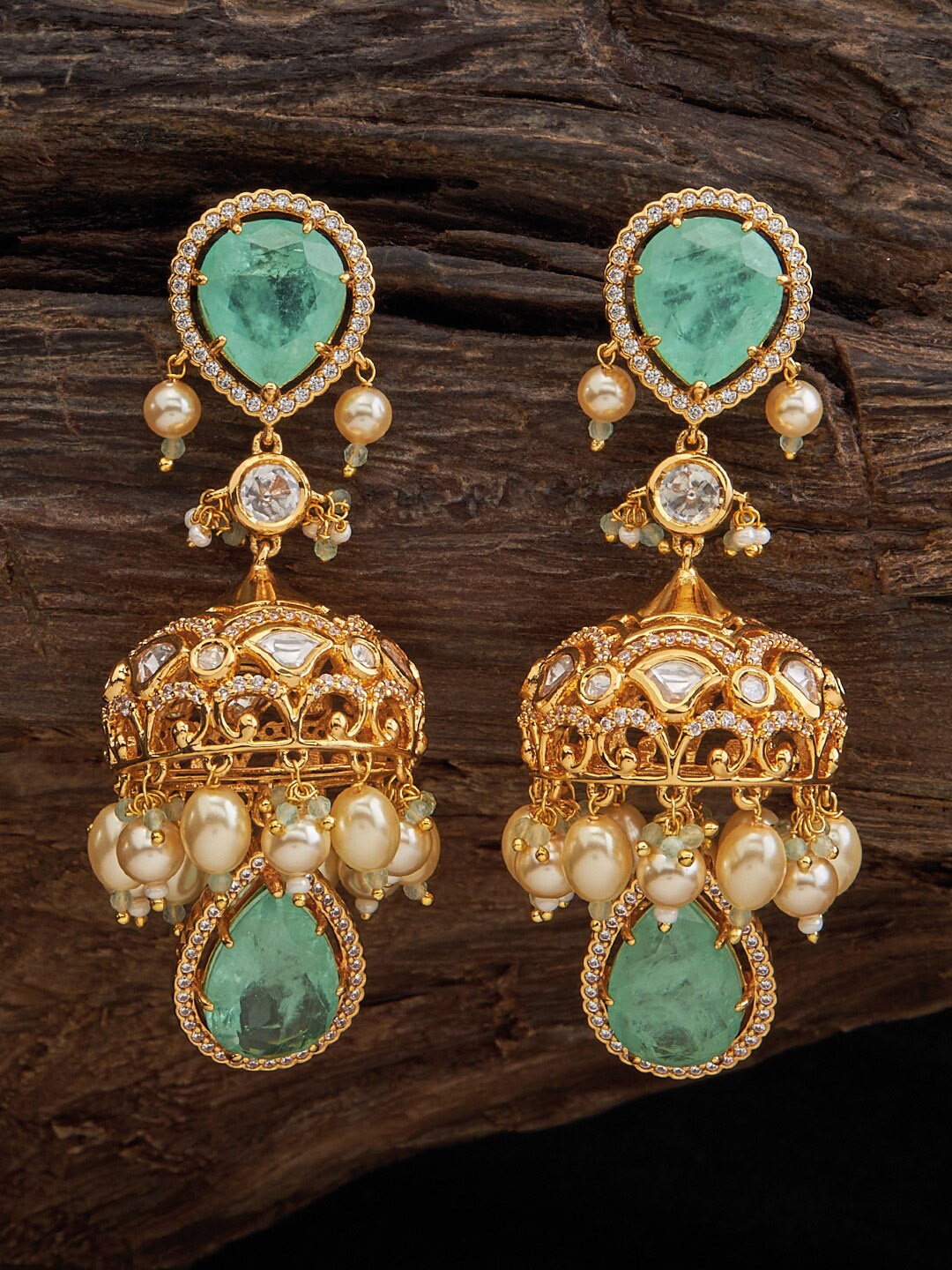 

Kushal's Fashion Jewellery Gold Plated Kundan Studded & Pearls Beaded Dome Shaped Jhumkas