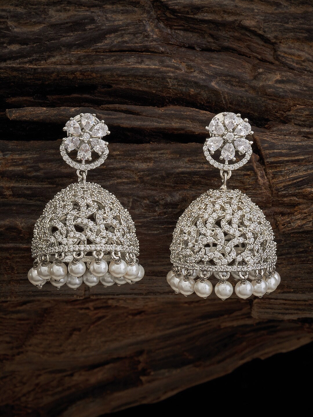 

Kushal's Fashion Jewellery Rhodium Plated Stone Studded Dome Shaped Jhumkas, Silver