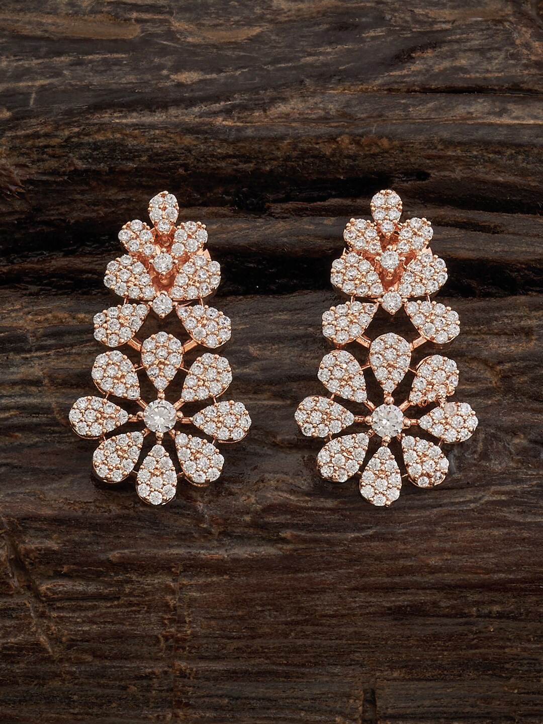 

Kushal's Fashion Jewellery Rose Gold-Plated Zircon-Studded Floral Drop Earrings