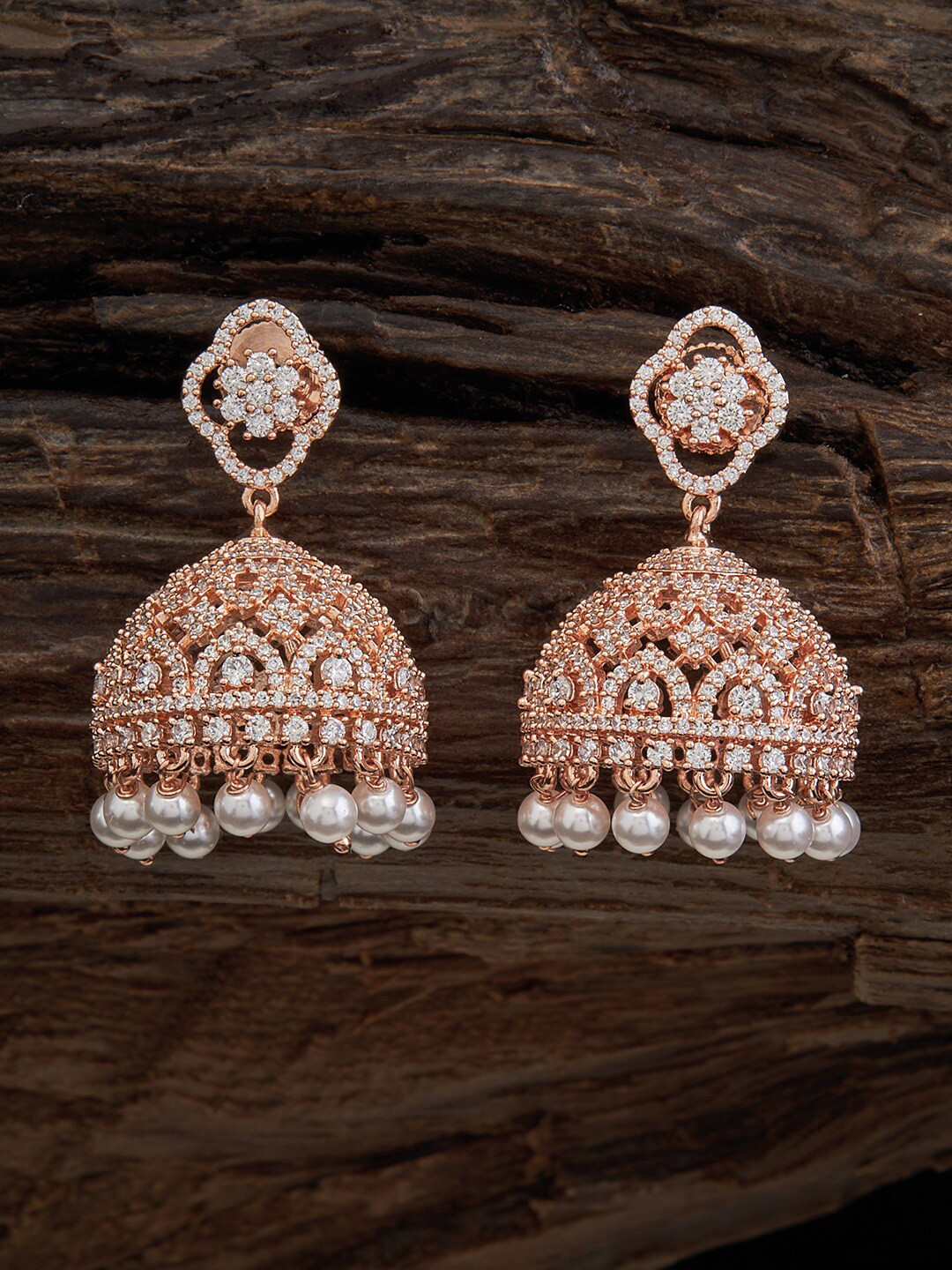 

Kushal's Fashion Jewellery Rose Gold-Plated Zircon-Studded Dome Shaped Jhumkas