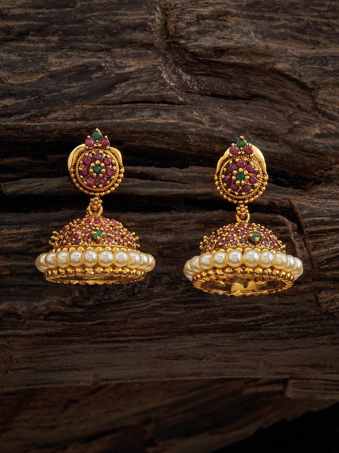 

Kushal's Fashion Jewellery Gold Plated Stone Studded & Pearls Beaded Dome Shaped Jhumkas