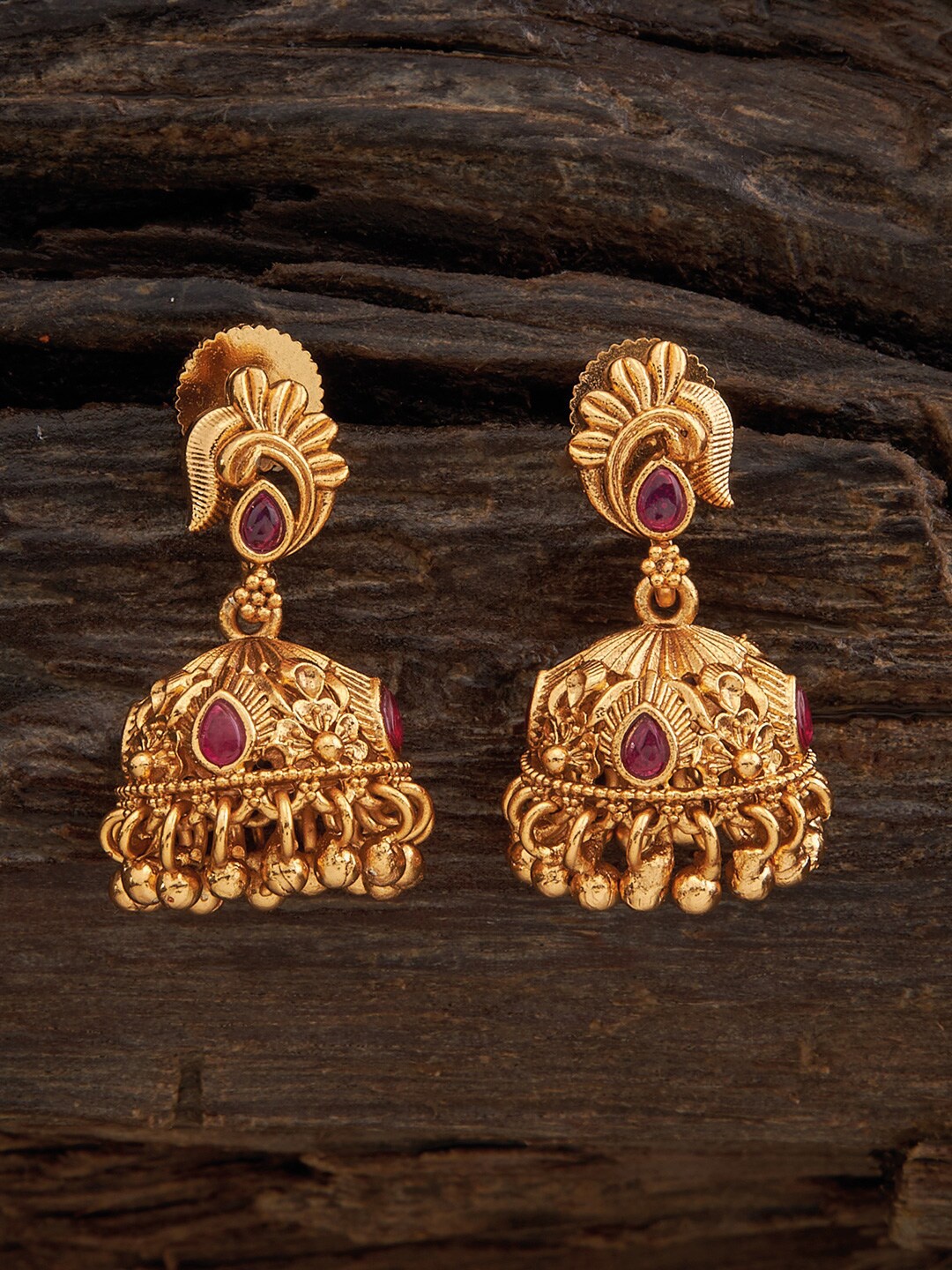 

Kushal's Fashion Jewellery Gold-Plated Stone-Studded Dome Shaped Antique Jhumkas