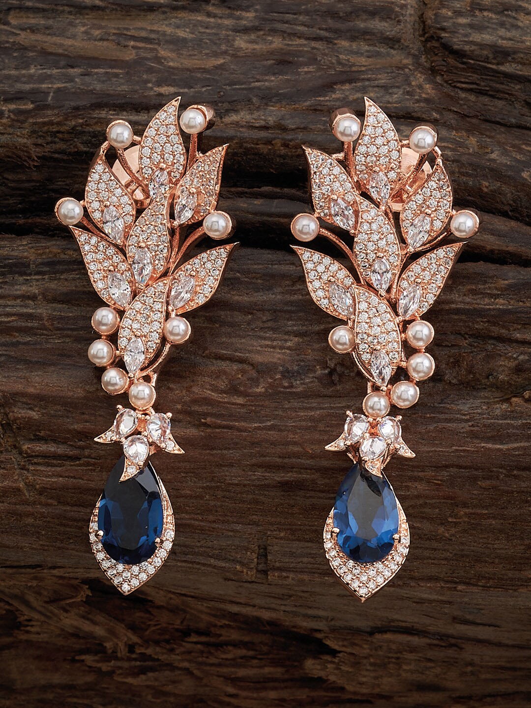 

Kushal's Fashion Jewellery Rose Gold Plated CZ Studded Leaf Shaped Drop Earrings