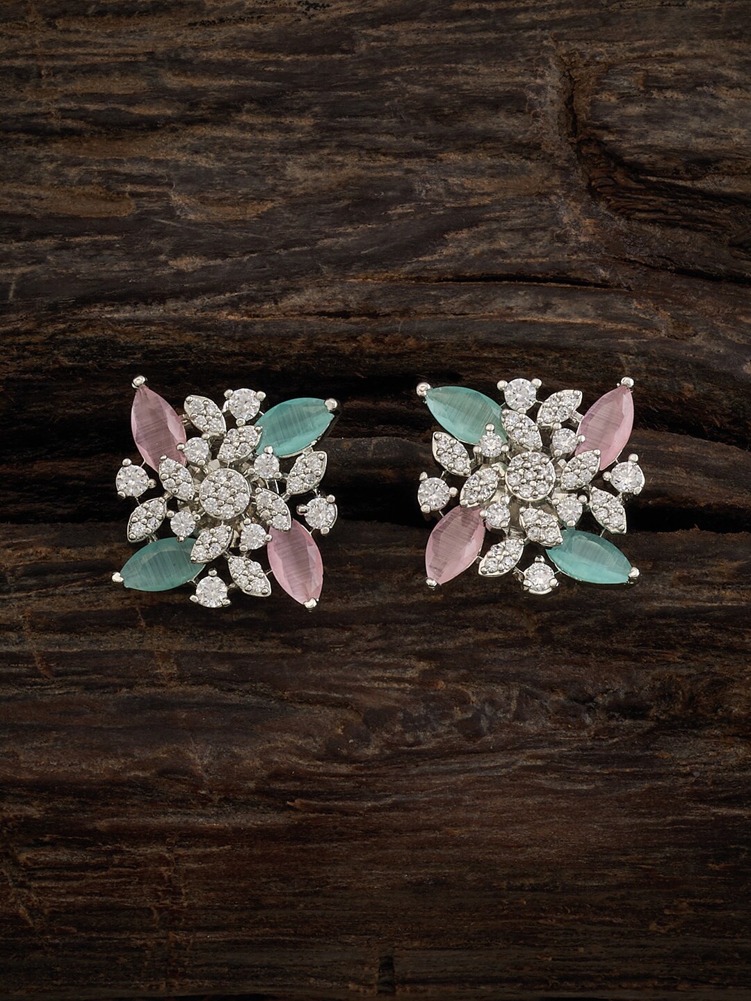 

Kushal's Fashion Jewellery Rhodium-Plated Cubic Zirconia Floral Studs Earrings, Silver