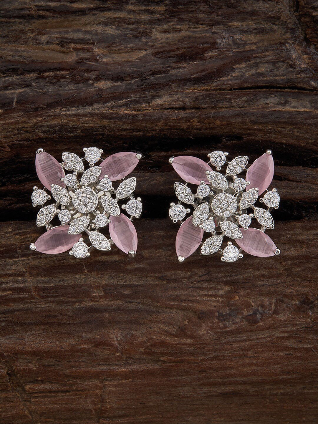 

Kushal's Fashion Jewellery Rhodium-Plated Cubic Zirconia Floral Studs Earrings, Silver