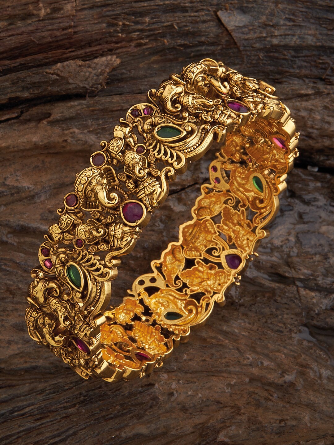 

Kushal's Fashion Jewellery 92.5 Pure Silver Gold Plated & Stone-Studded Temple Bangles