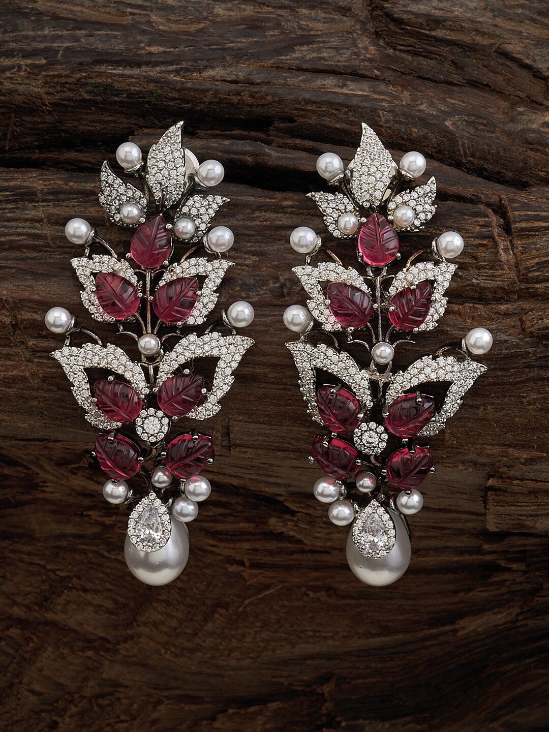 

Kushal's Fashion Jewellery Rhodium Plated CZ Studded Leaf Shaped Drop Earrings, Silver