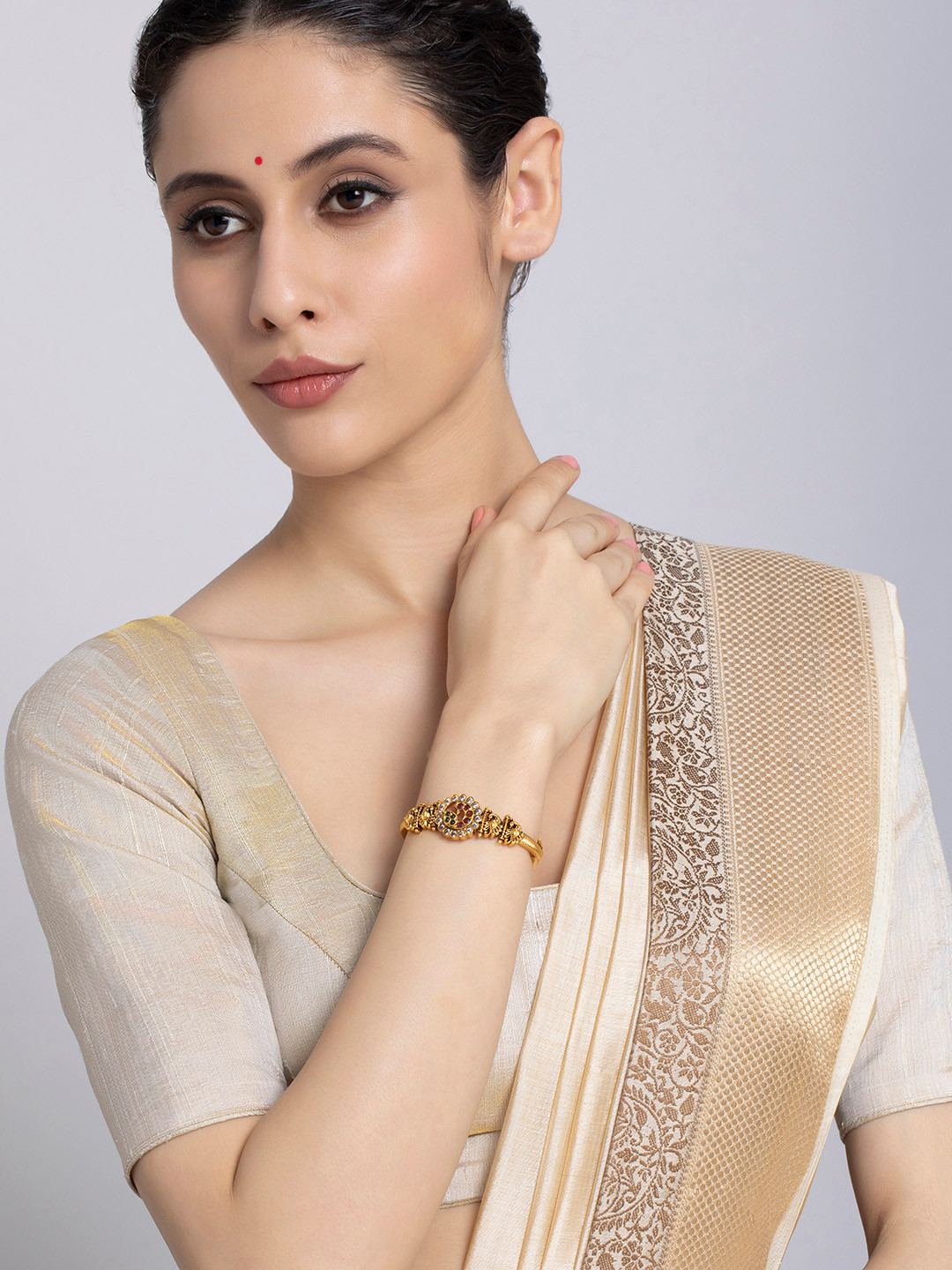 

Kushal's Fashion Jewellery Gold-Plated Cubic Zirconia Antique Kada Bracelet