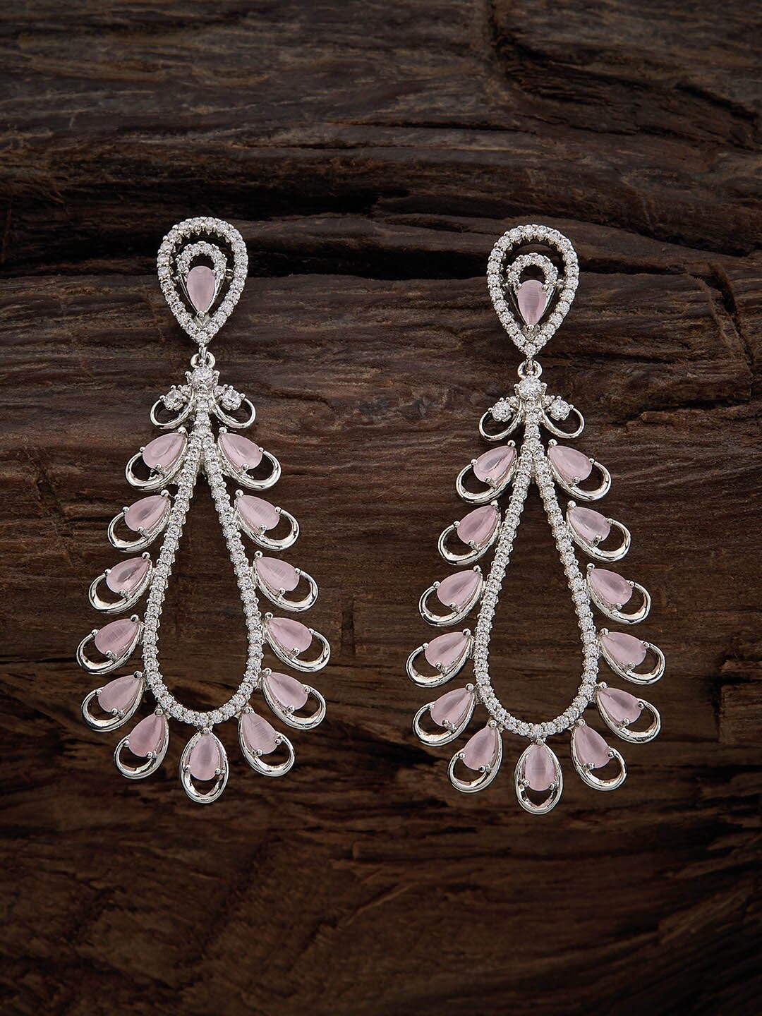 

Kushal's Fashion Jewellery Rhodium Plated CZ Studded Teardrop Shaped Drop Earrings, Silver