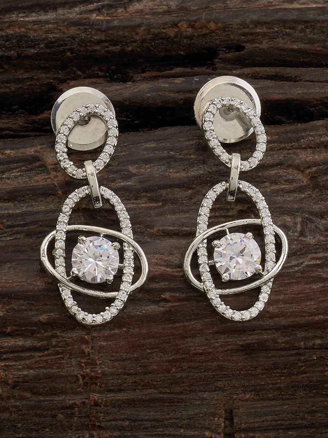 

Kushal's Fashion Jewellery Rhodium Plated CZ Studded Drop Earrings, Silver