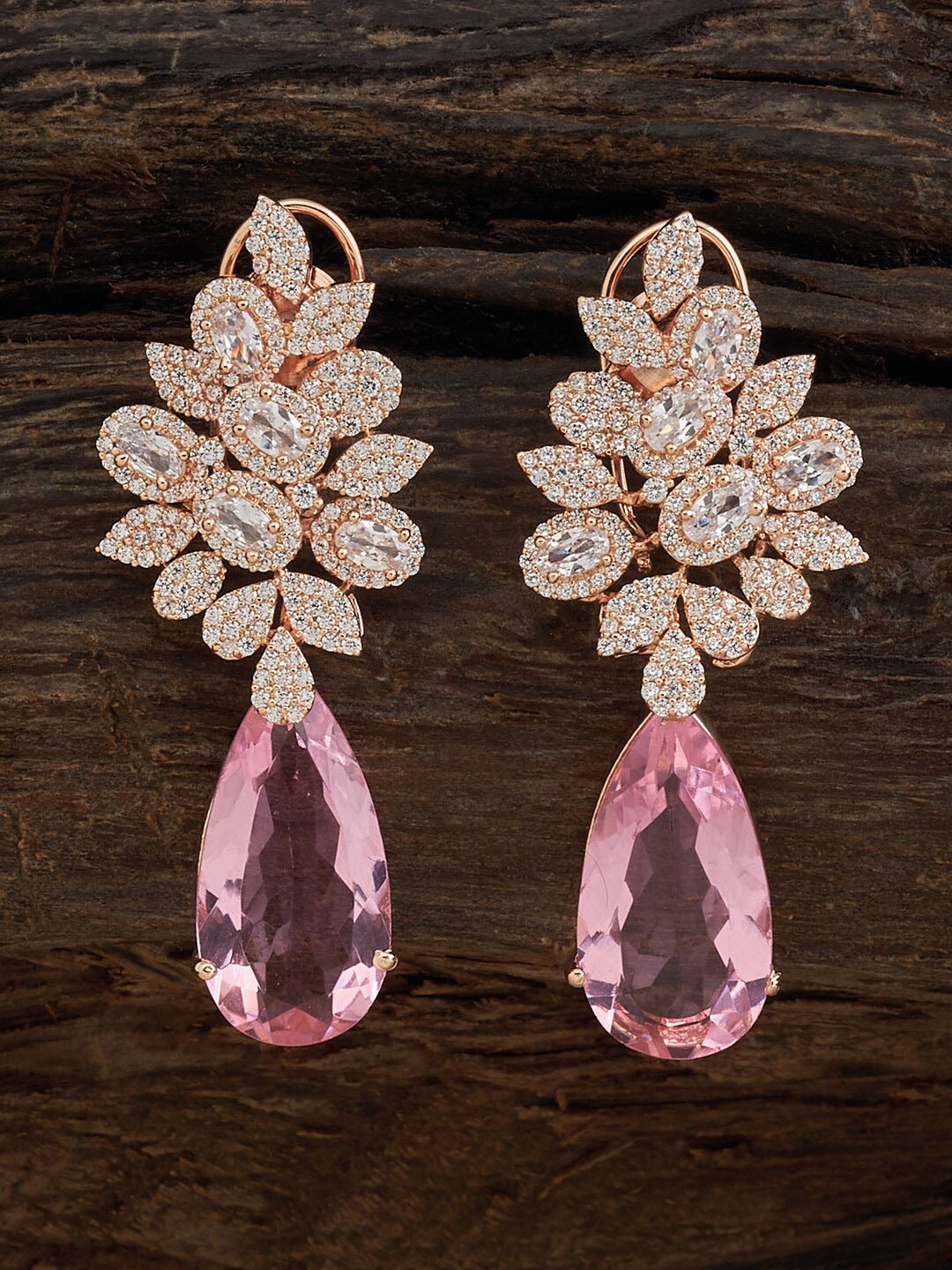 

Kushal's Fashion Jewellery Rose Gold Plated CZ Studded Teardrop Shaped Drop Earrings