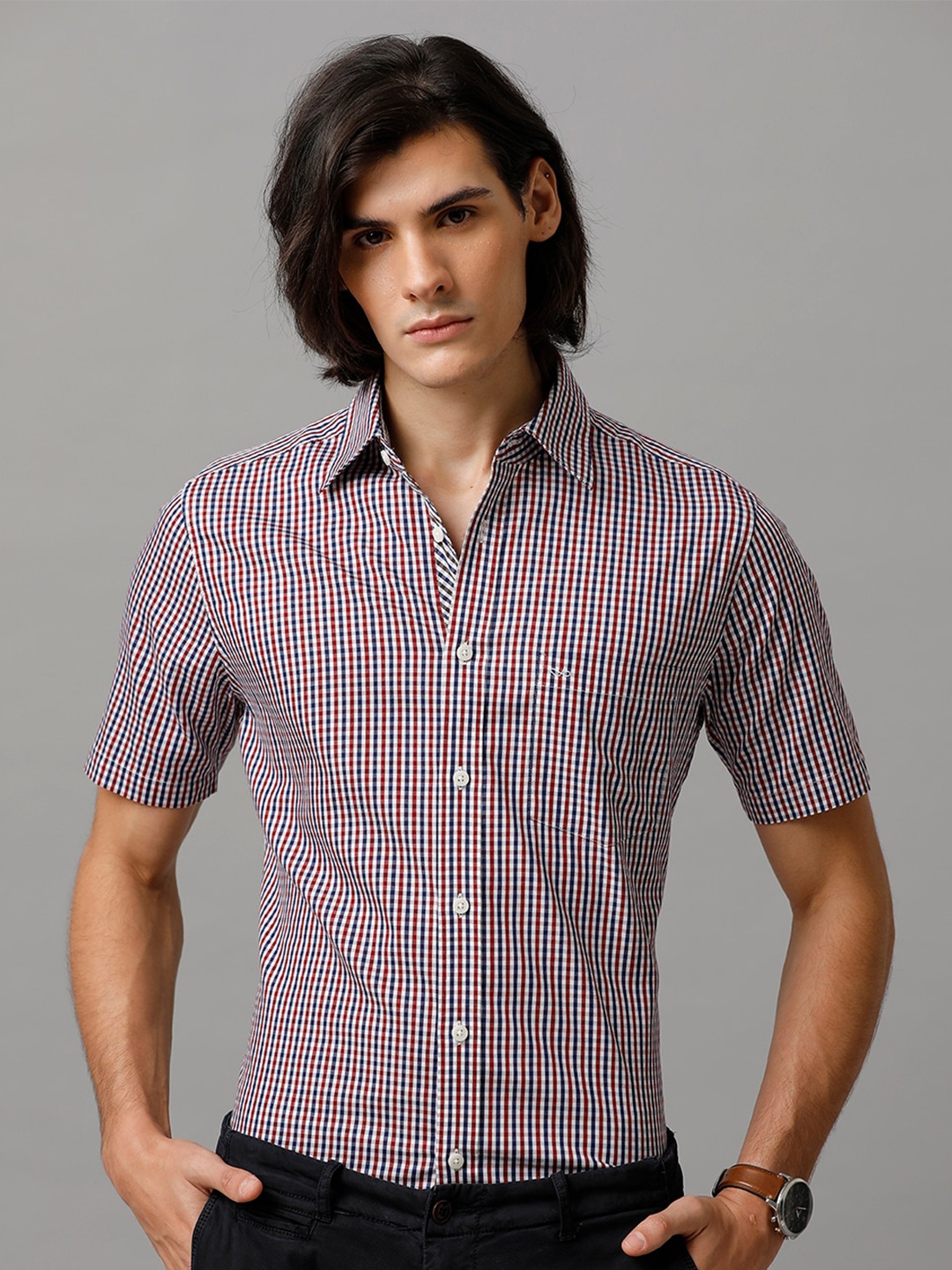 

Aldeno India Slim Fit Micro Checked Pure Cotton Casual Shirt, Navy blue