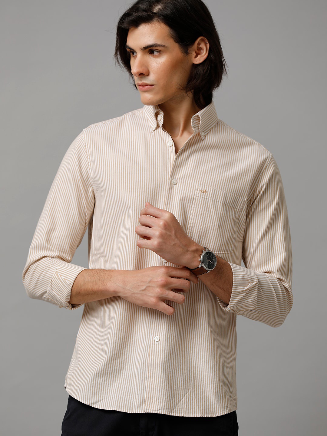 

Aldeno India Slim Fit Opaque Striped Casual Pure Cotton Shirt, Beige