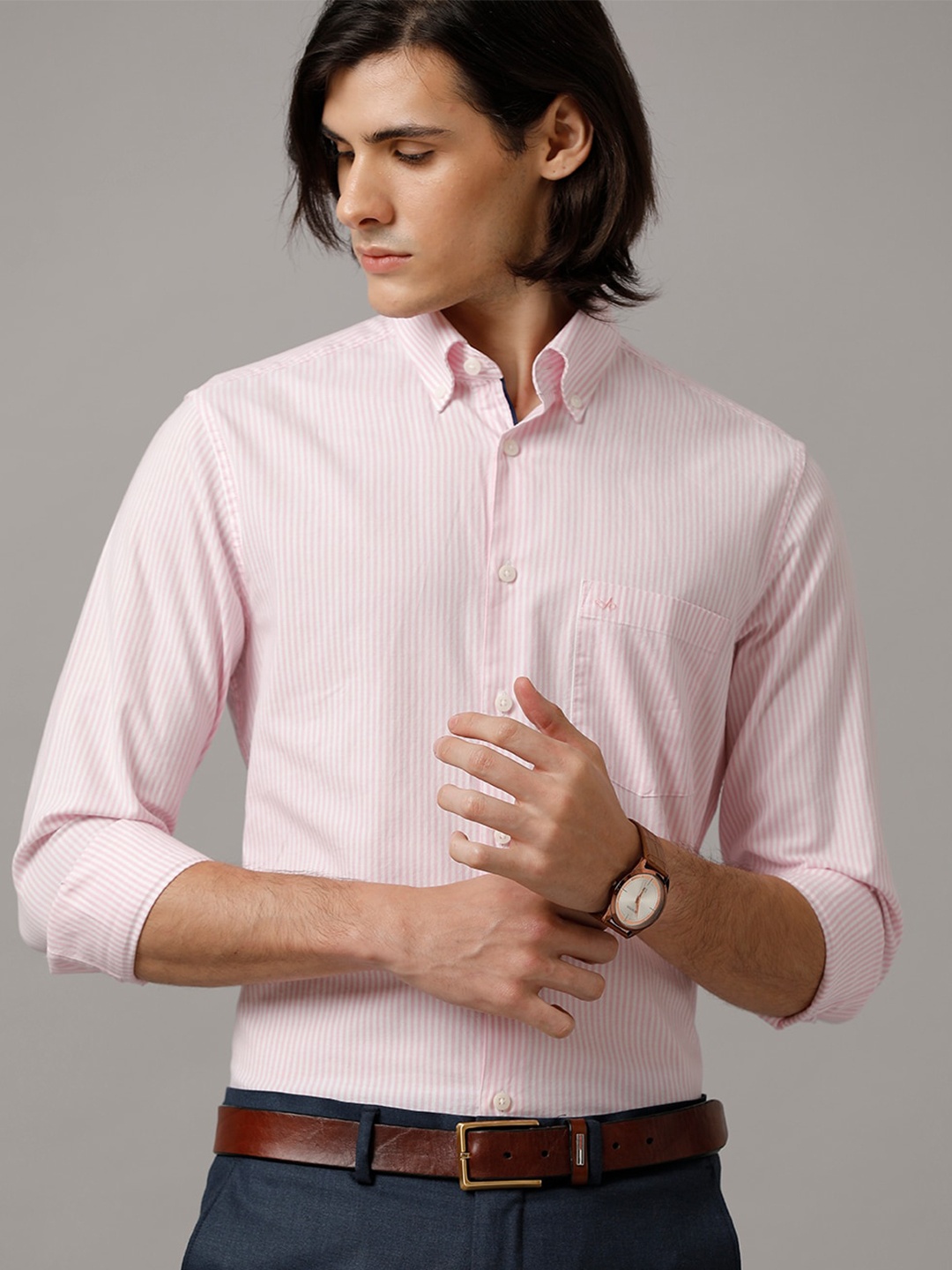 

Aldeno India Slim Fit Vertical Striped Formal Pure Cotton Shirt, Pink