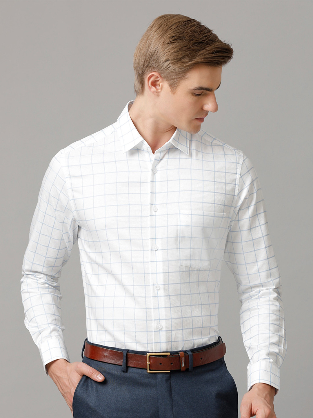 

Aldeno India Slim Fit Windowpane Checked Formal Pure Cotton Shirt, White