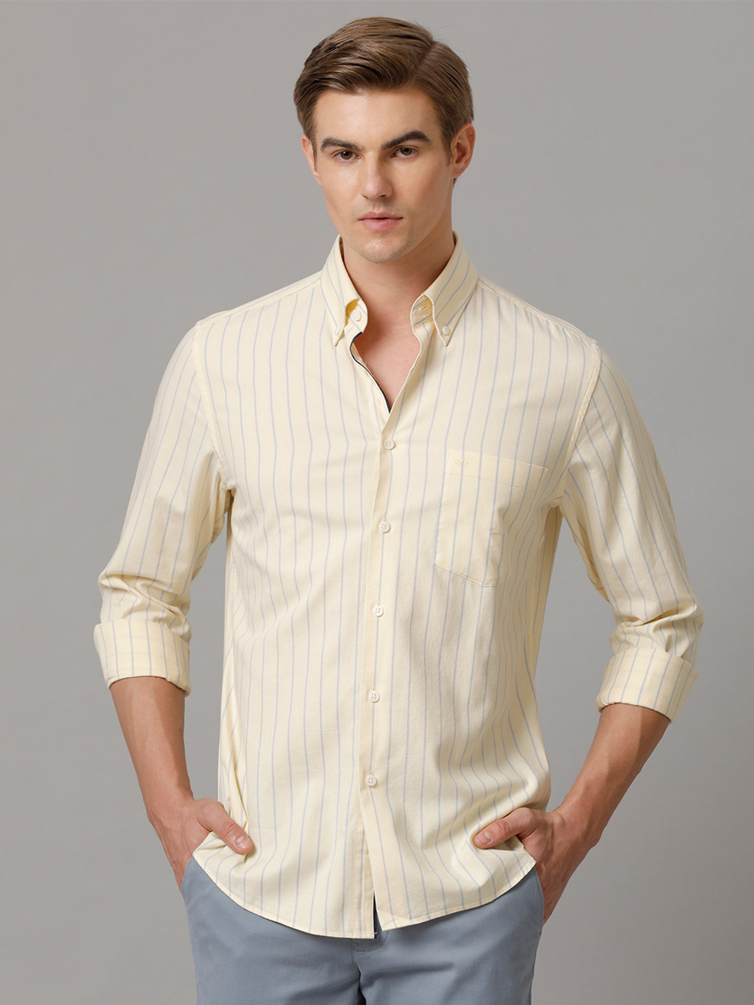 

Aldeno India Slim Fit Vertical Striped Casual Pure Cotton Shirt, Beige