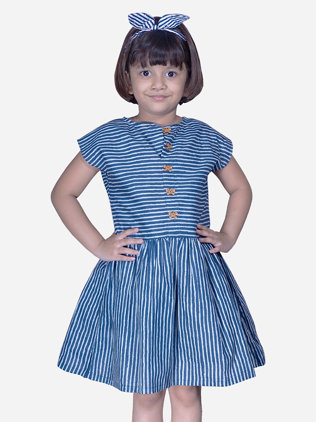 

Modish Couture Girls Striped Pure Cotton Fit & Flare Dress, Blue