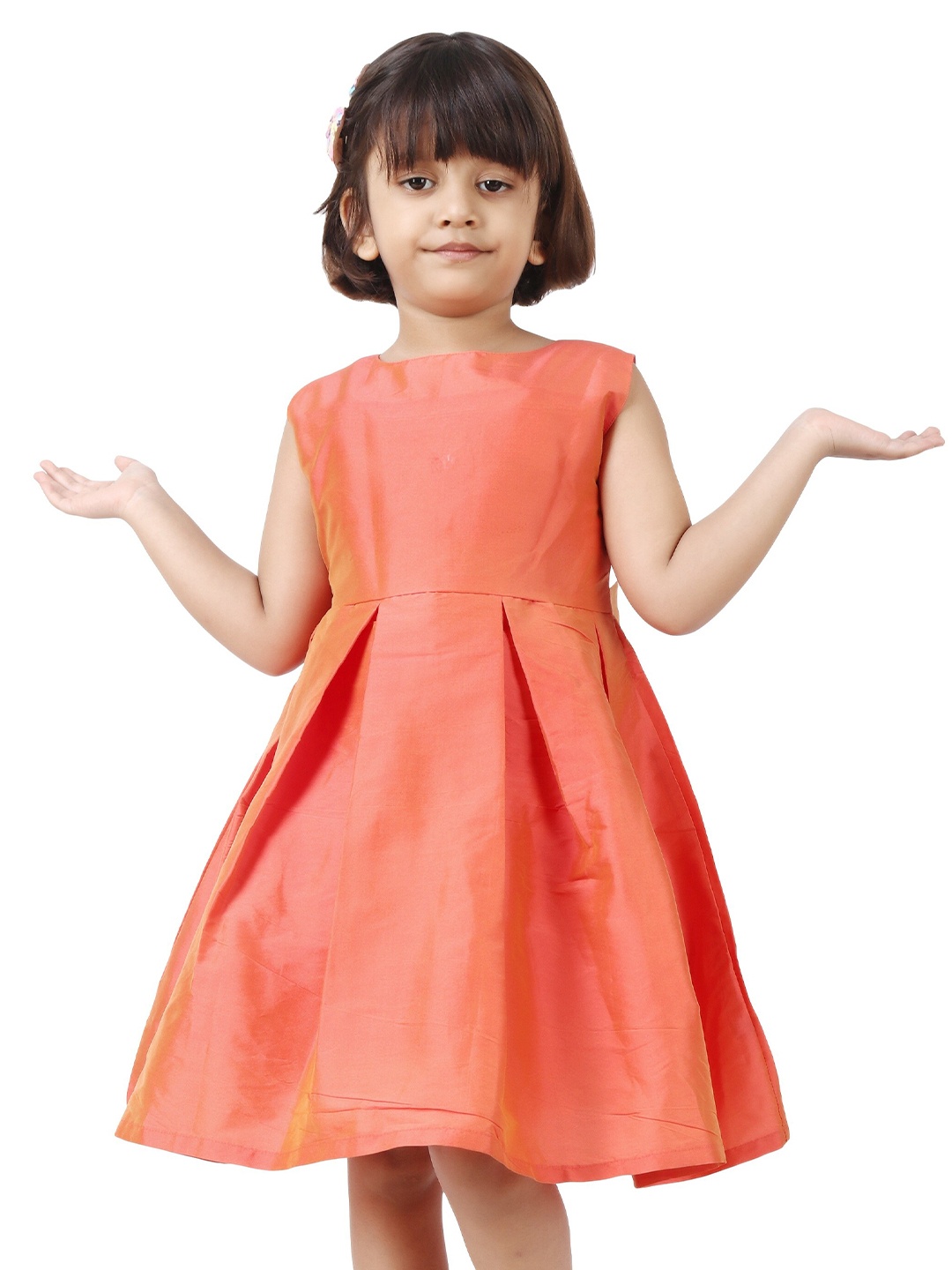 

Modish Couture Girls Round Neck Satin A Line Dress, Orange
