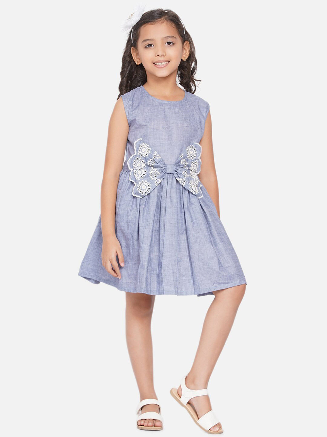 

Modish Couture Girls Round Neck Bow Detail Cotton Satin Fit & Flare Dress, Blue