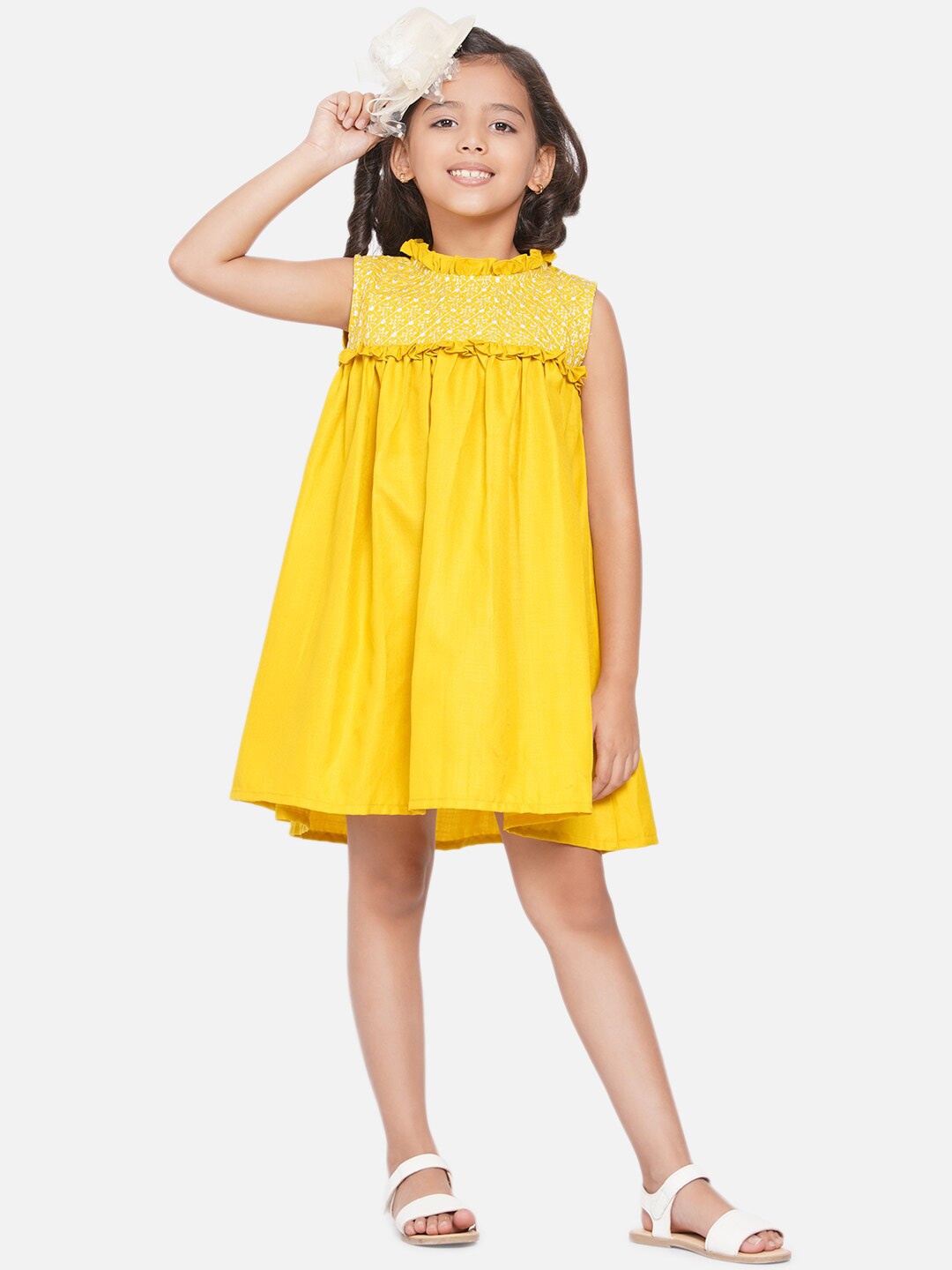 

Modish Couture Girls Embroidered Ruffles Cotton Satin Empire Dress, Yellow
