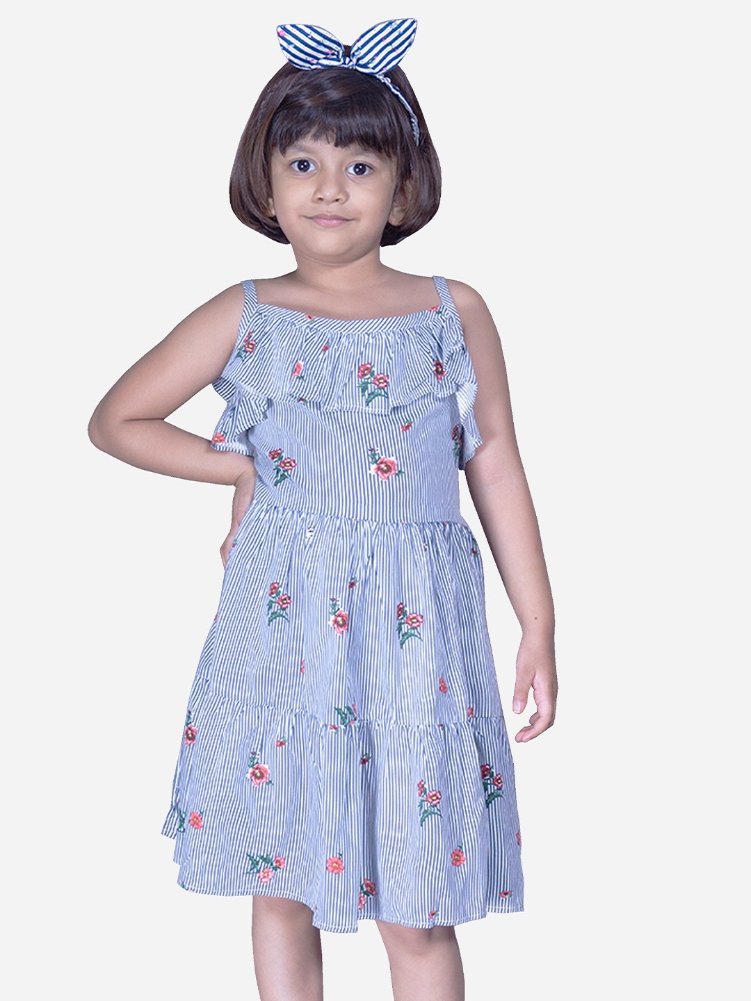 

Modish Couture Girls Floral Printed Shoulder Straps Ruffles Pure Cotton Fit & Flare Dress, Blue