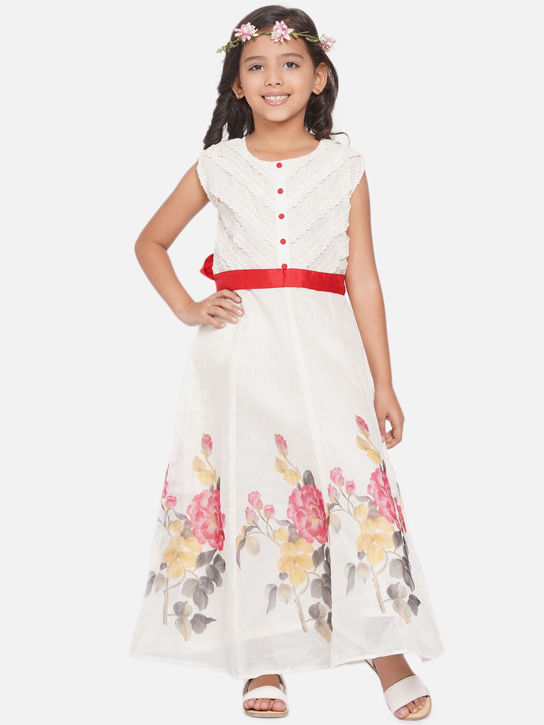 

Modish Couture Girls Floral Printed Silk Maxi Dress, Off white