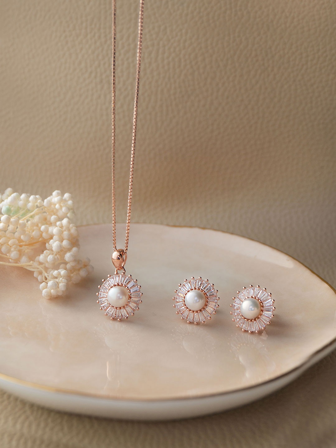 

MANNASH 925 Sterling Silver 18 KT Rose Gold-Plated CZ-Studded & Pearl Beaded Jewellery Set