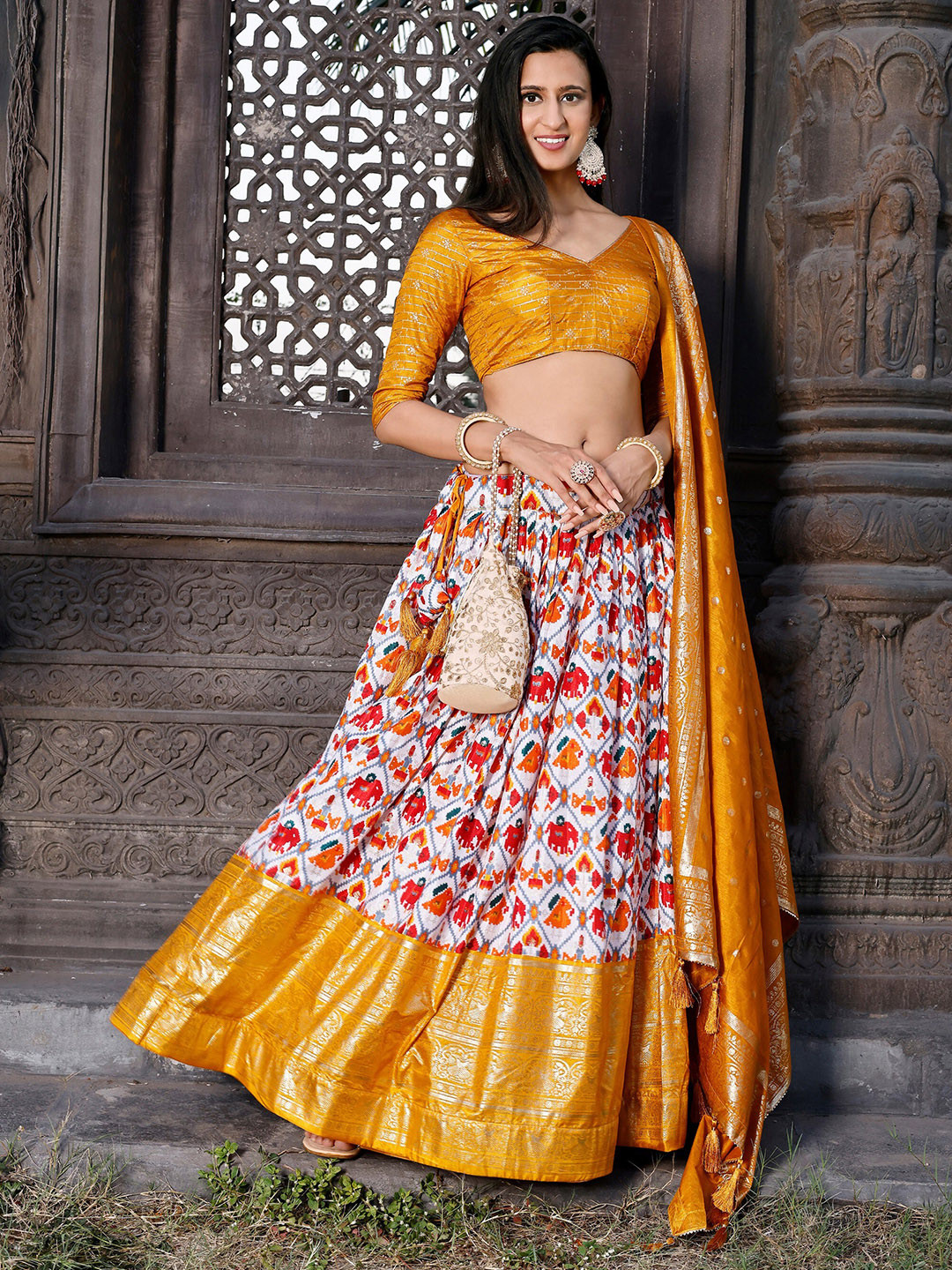 

KALINI Embellished Foil Print Semi-Stitched Lehenga & Unstitched Blouse With Dupatta, Yellow