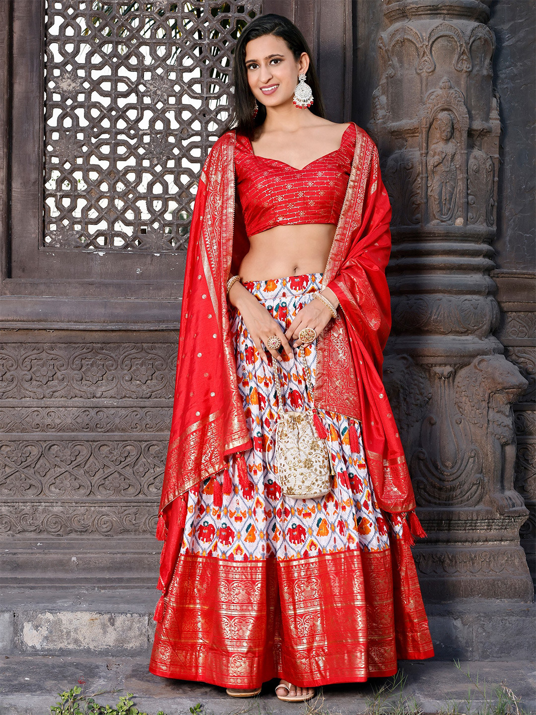 

KALINI Foil Floral Printed Semi-Stitched Lehenga Choli With Dupatta, Red