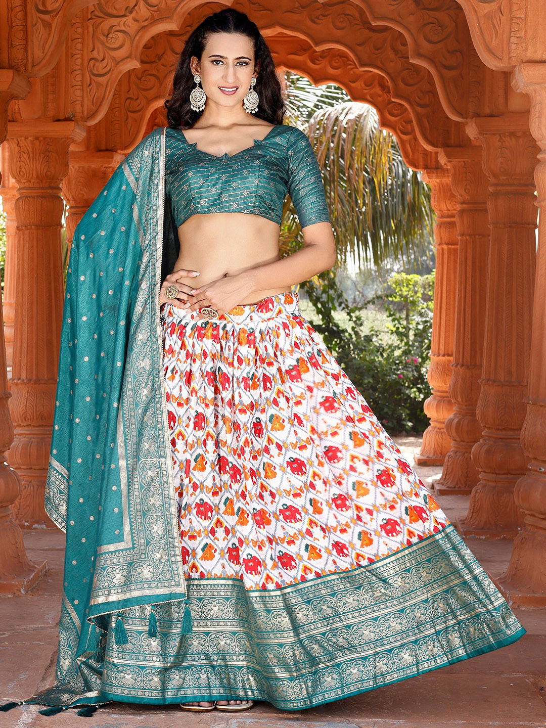 

KALINI Embellished Foil Print Semi-Stitched Lehenga & Unstitched Blouse With Dupatta, Turquoise blue