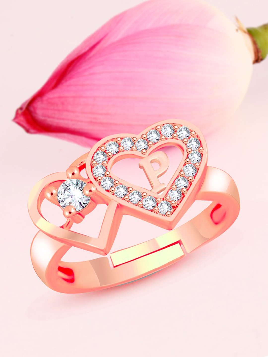 

MEENAZ Rose Gold Plated American Diamond Studded P Alphabet Finger Ring