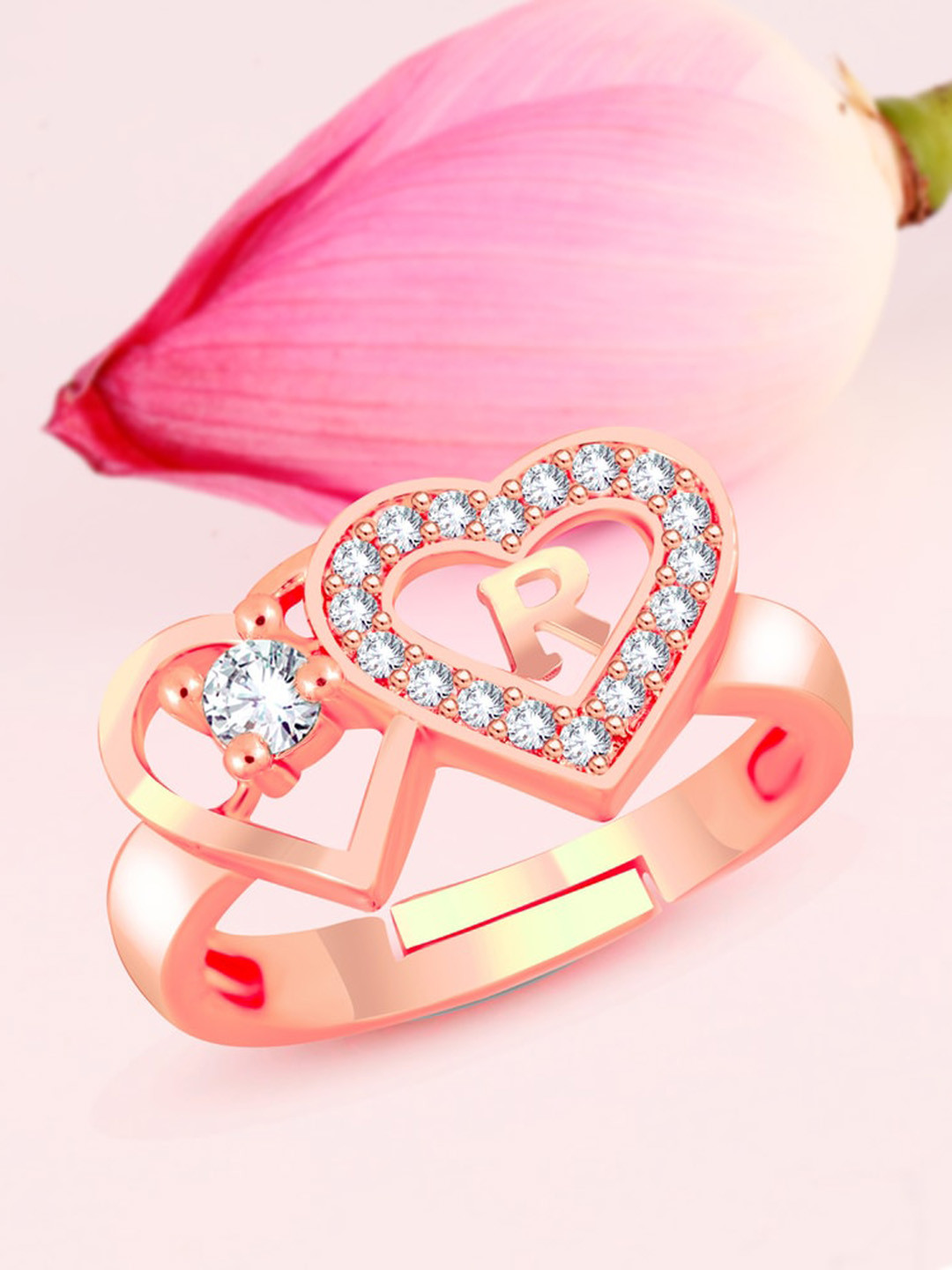 

MEENAZ Rose Gold-Plated American Diamond Studded R Alphabet Finger Ring