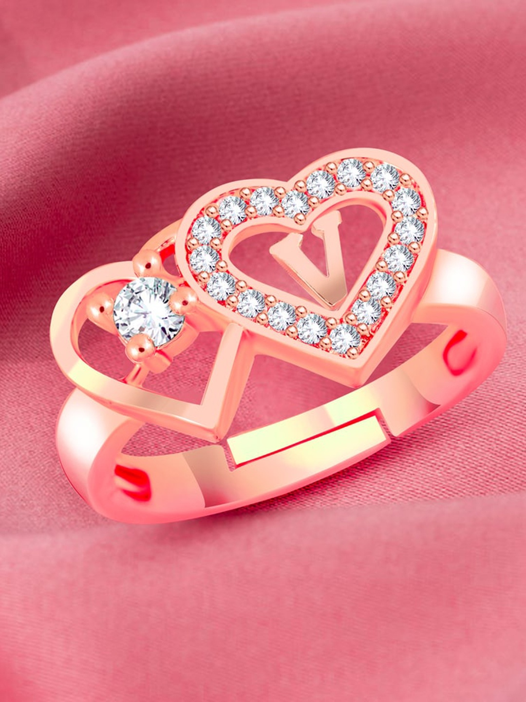 

MEENAZ Rose Gold-Plated American Diamond Studded V Alphabet Finger Ring