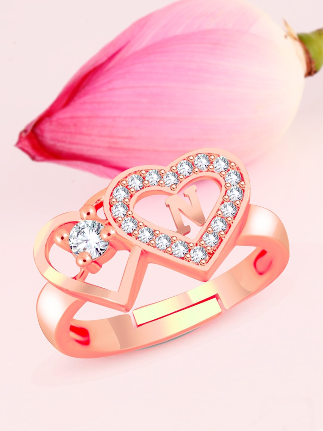 

MEENAZ Rose Gold Plated American Diamond Studded N Alphabet Finger Ring