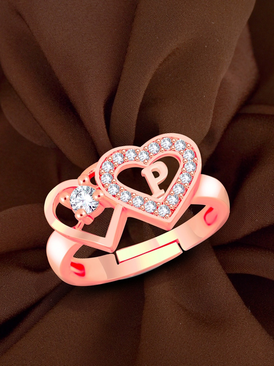 

MEENAZ Rose Gold Plated AD Studded Alphabet P Adjustable Finger Ring