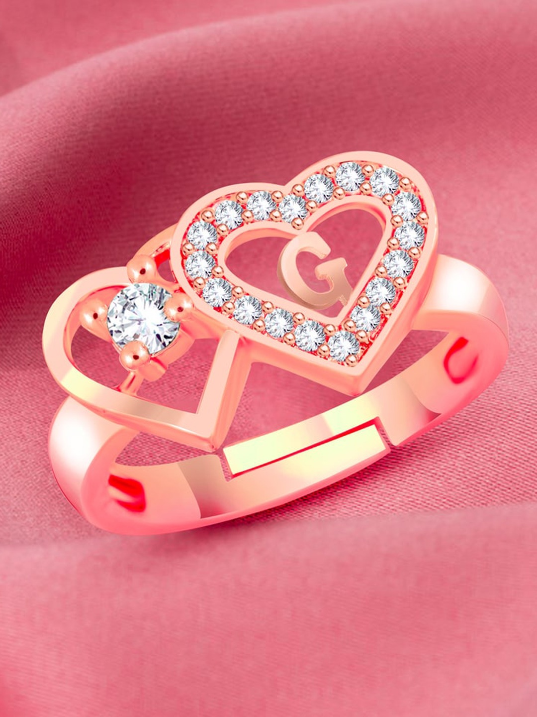 

MEENAZ Rose Gold-Plated American Diamond Studded G Alphabet Finger Ring