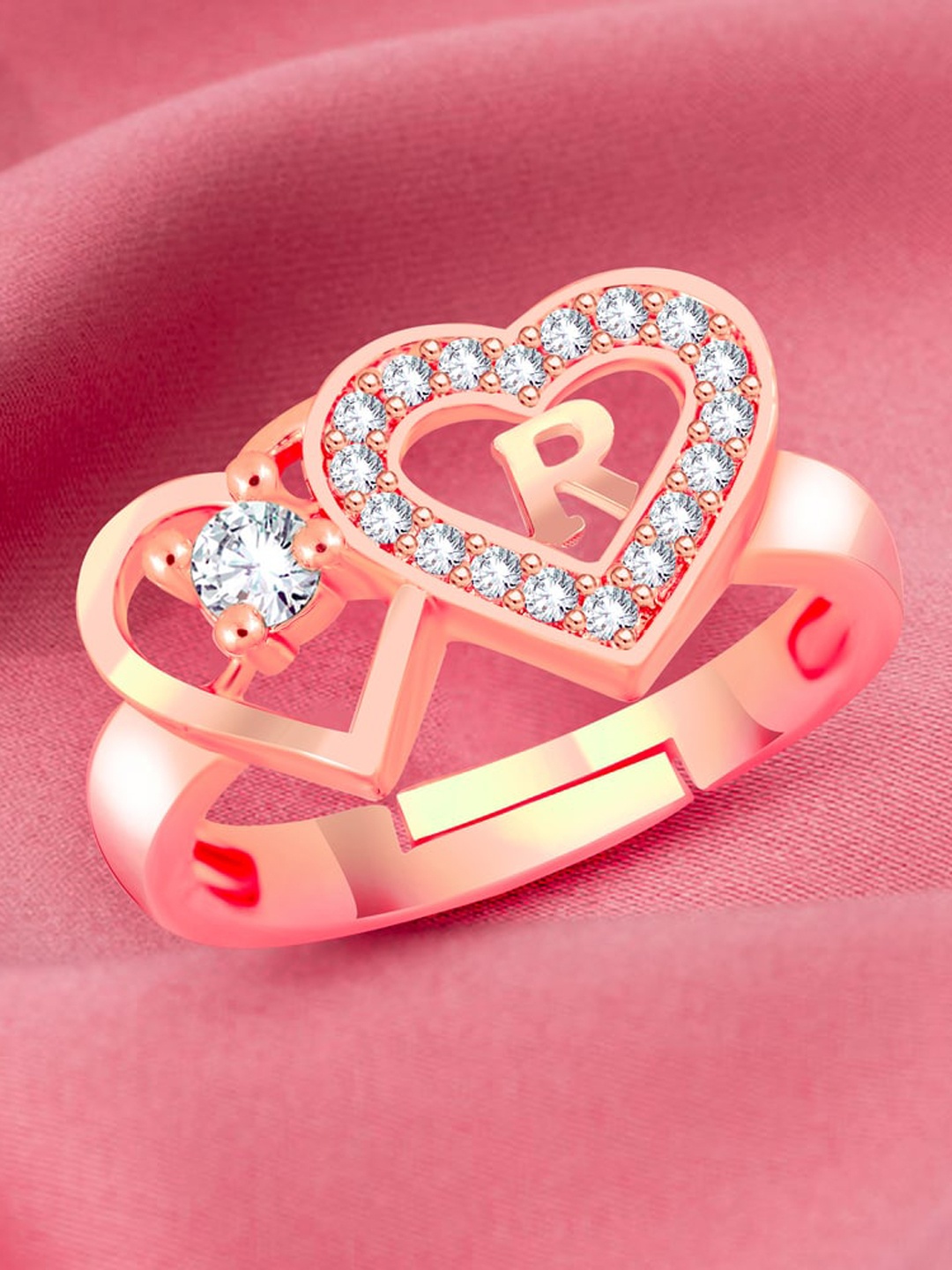 

MEENAZ Rose Gold-Plated American Diamond Studded R Alphabet Finger Rings