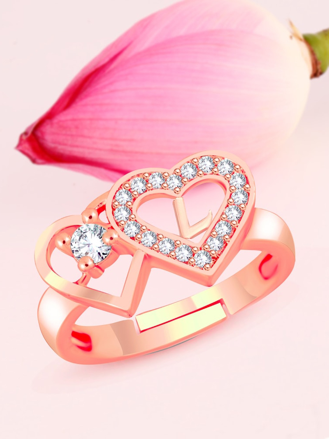 

MEENAZ Rose Gold-Plated American Diamond Studded L Alphabet Finger Ring