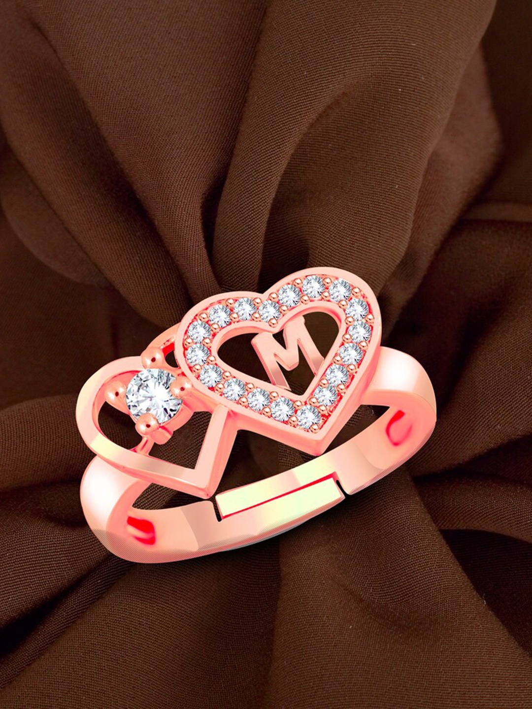 

MEENAZ Rose Gold-Plated AD Studded Alphabet M Adjustable Finger Ring