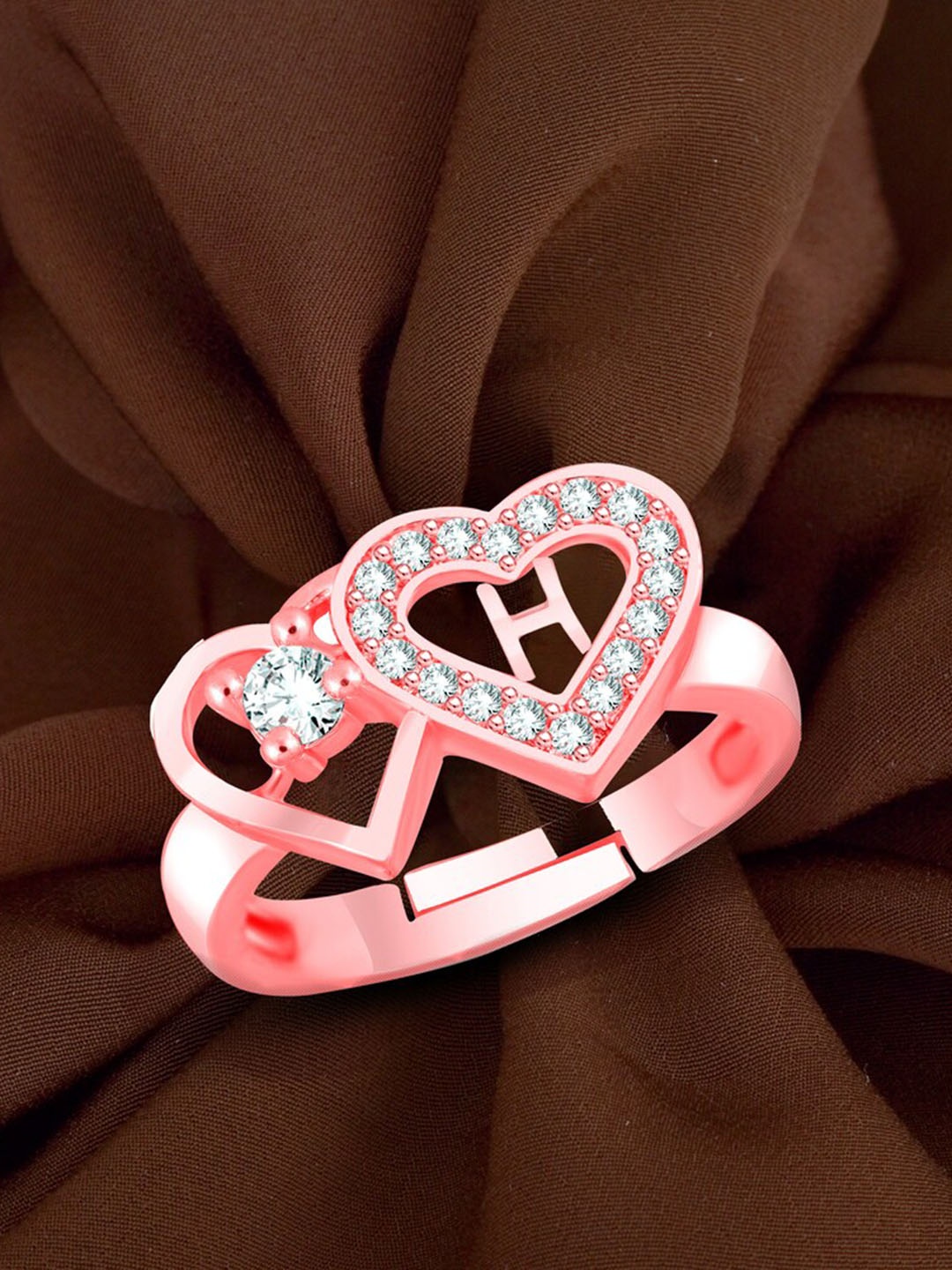 

MEENAZ Rose Gold Plated AD Studded Alphabet H Adjustable Finger Ring
