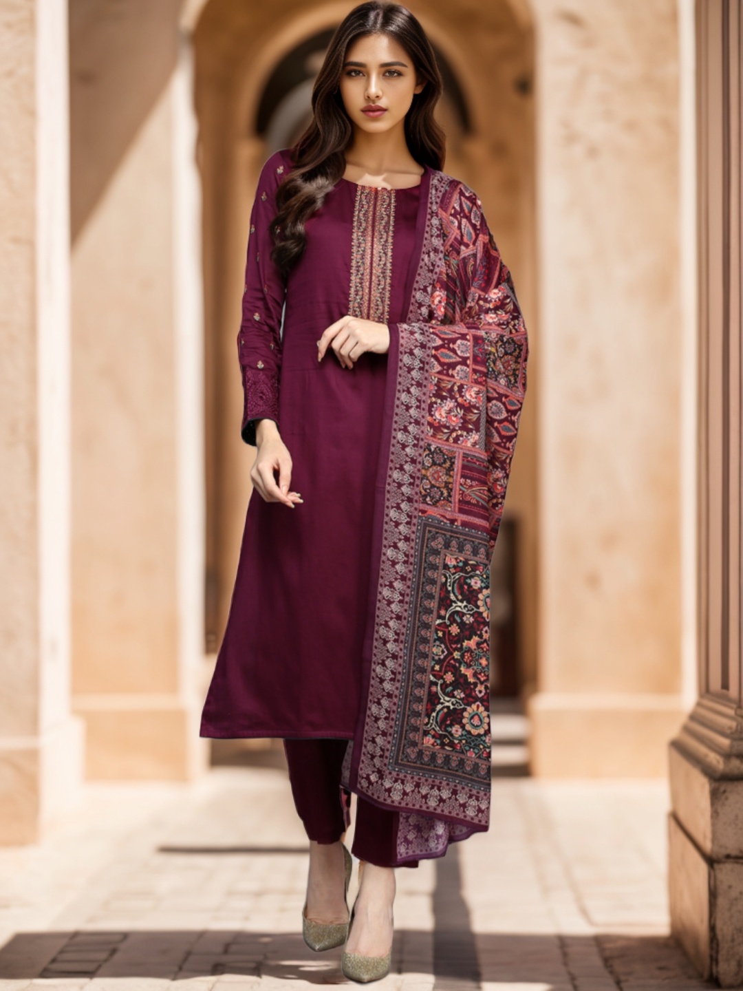 

AHIKA Maroon Ethnic Motifs Embroidered Thread Work Pure Cotton Kurta Set