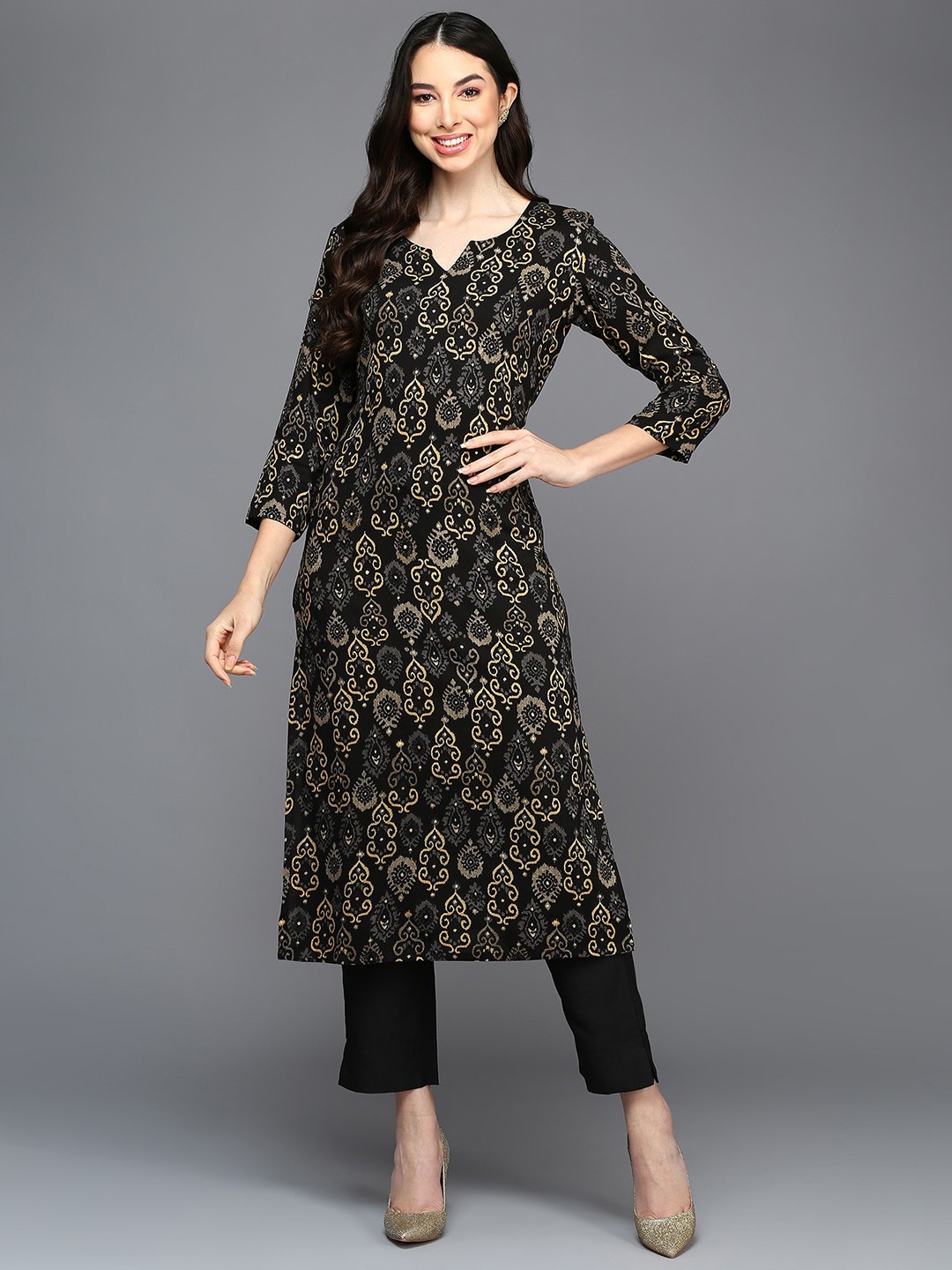 

AHIKA Ethnic Motifs Printed Straight Kurta, Black