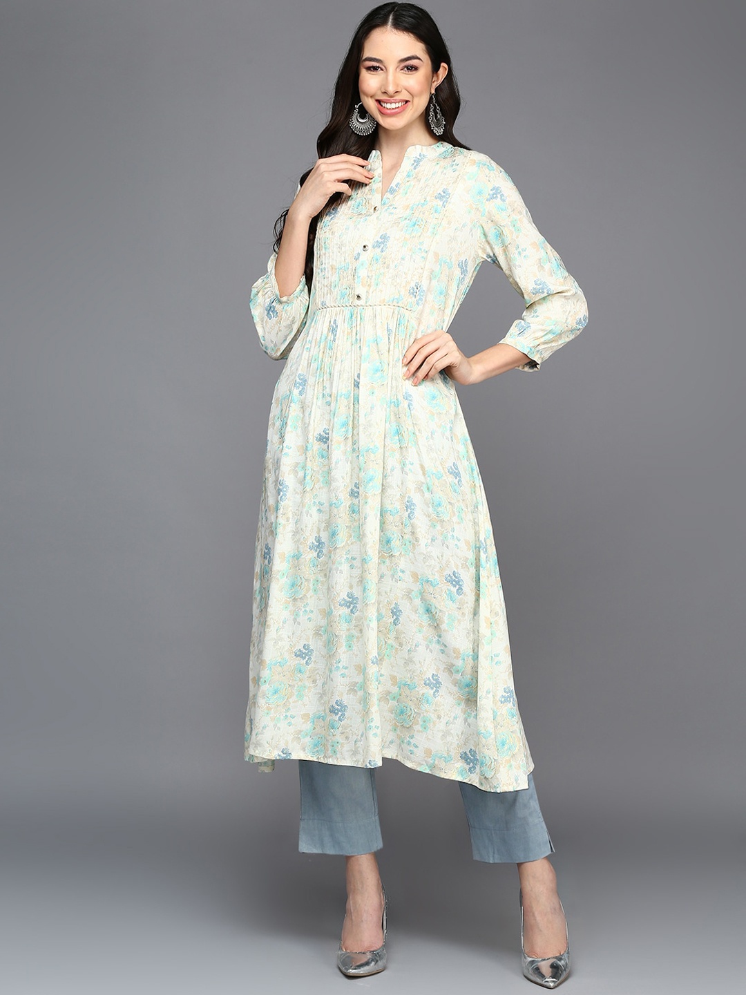 

AHIKA Floral Printed Mandarin Collar A-Line Kurta, Off white