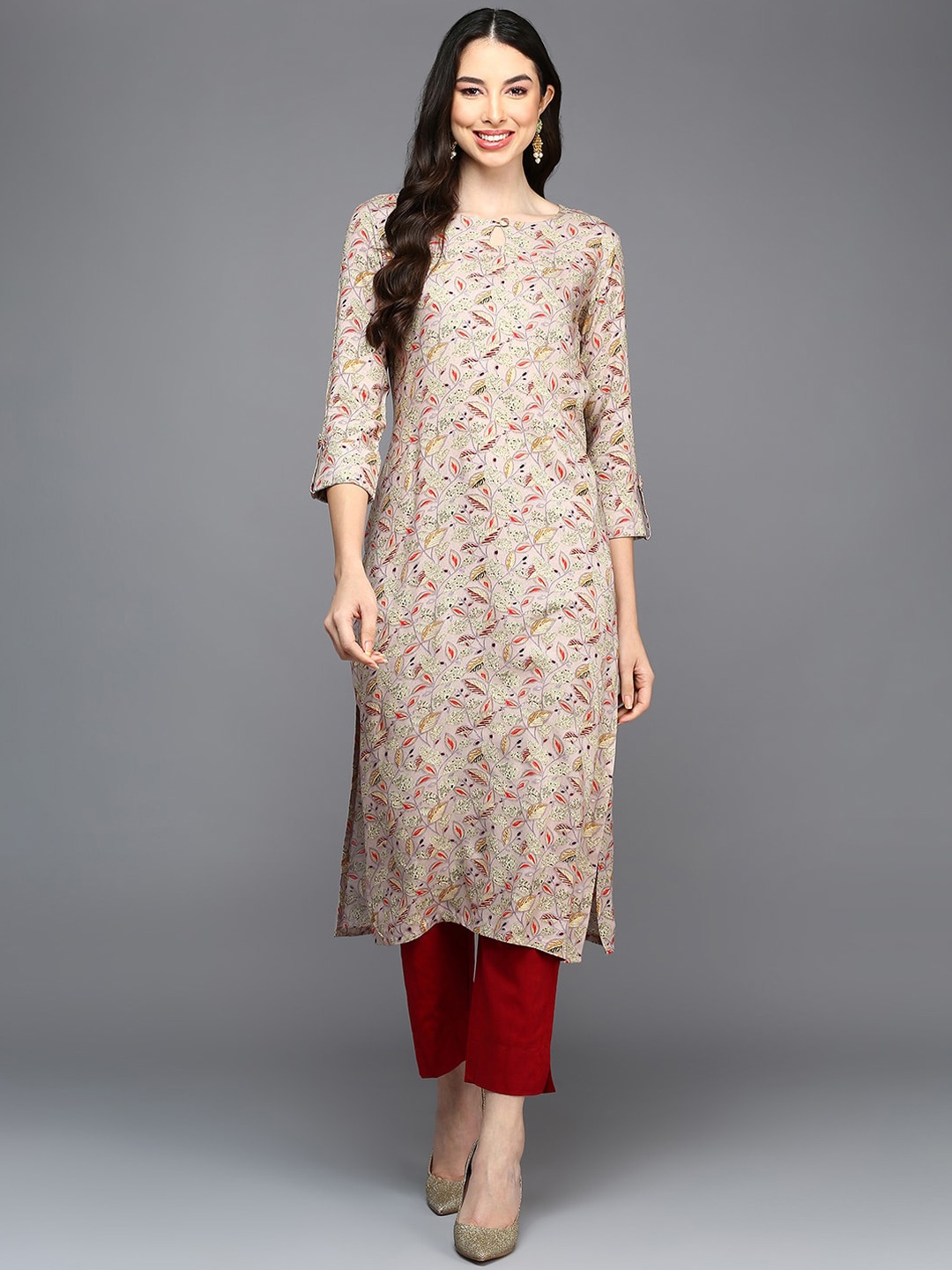 

AHIKA Floral Printed Keyhole Neck Straight Kurta, Peach