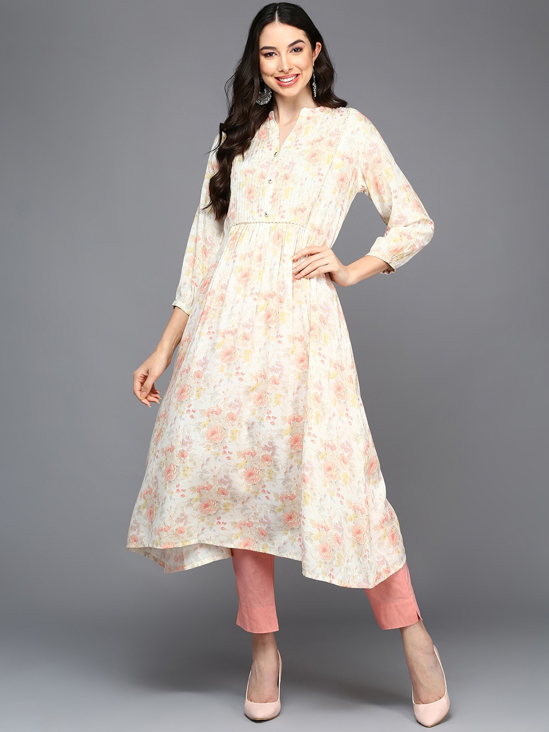 

AHIKA Floral Printed Mandarin Collar Pleated A-Line Kurta, Off white